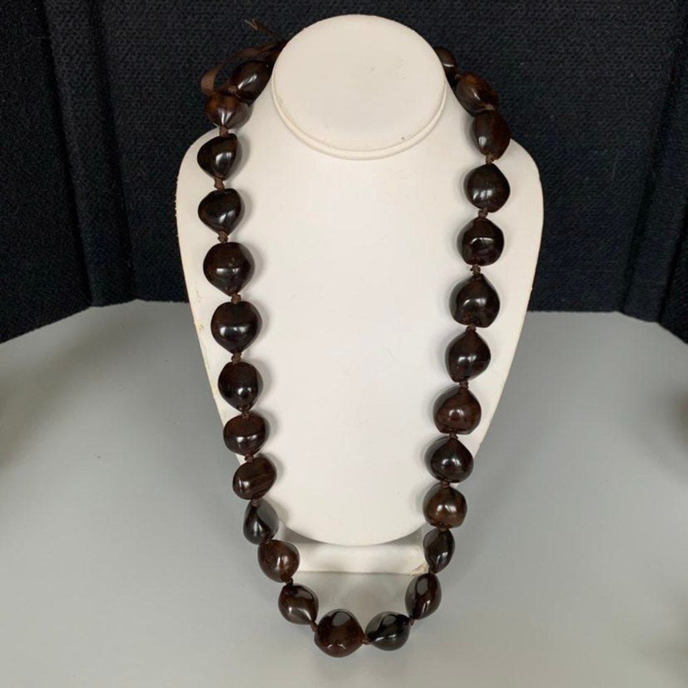 Dark Brown Kukui Nut graduation Lei Natural Beads Necklace Hawaiian 32” strand (